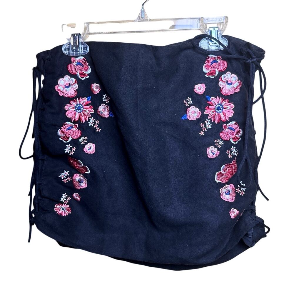 H&M Velvet Floral Embroidered Mini Skirt with Side Ties Size US 8 Excellent Cond